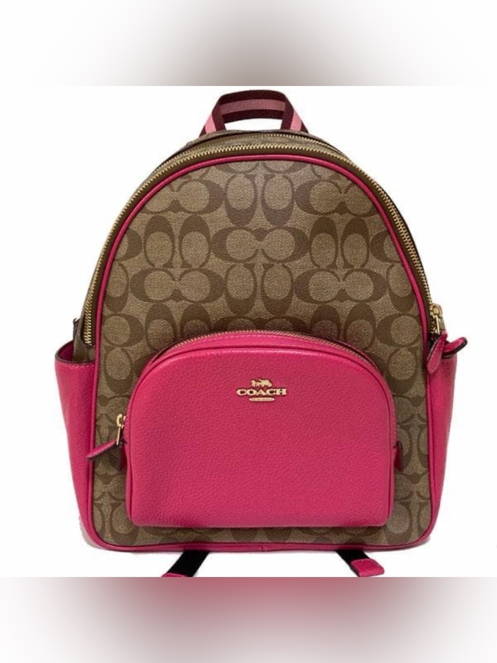 HTF NWOT Coach C8522 Court Medium Signature Leather Khaki Bold Pink Backpack